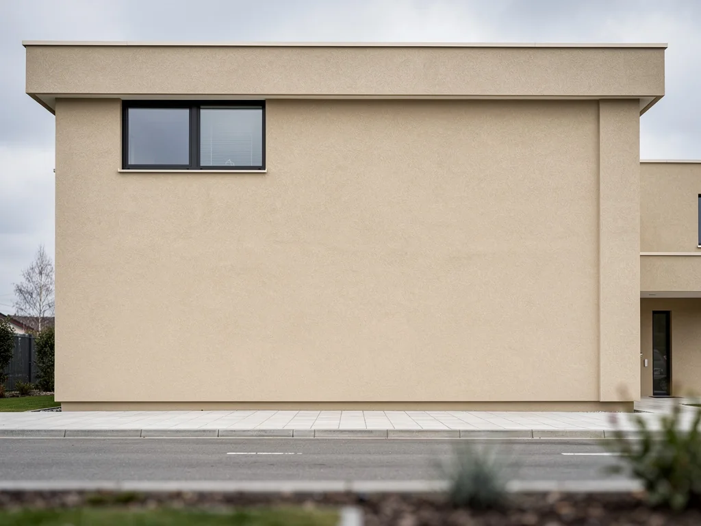 Mur isolé par l'extérieur et recouvert d'un enduit de finition beige