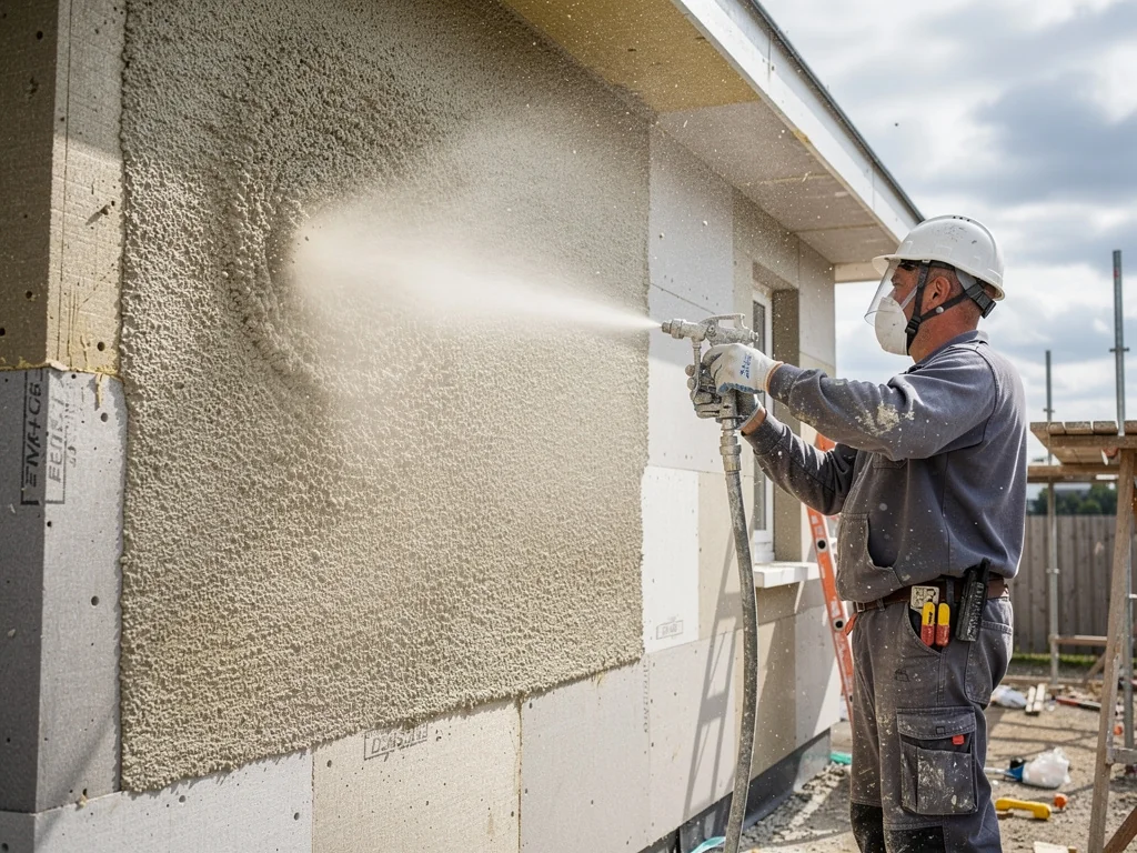 Applicateur projetant l'enduit de finition sur une façade isolée